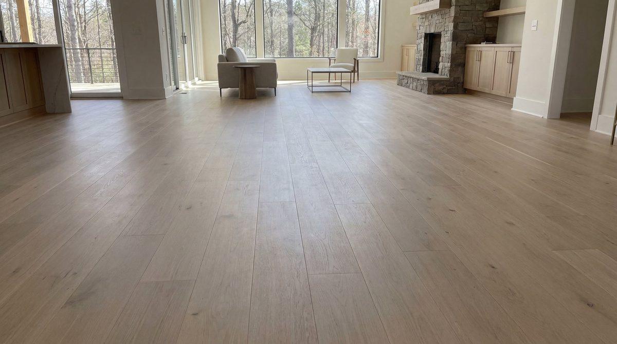 A wide-plank light oak floor running the length of an open living area, toward a stone fireplace and a wall of windows.